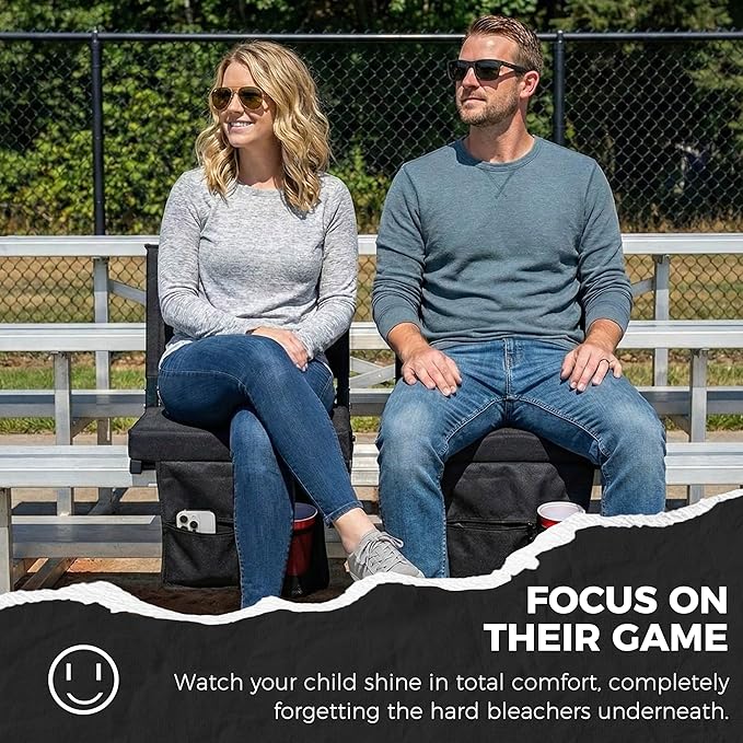 SPORT BEATS Stadium Seats with Back Support Bleacher Chairs with Back and Cushion Thick Padded Bleacher Seats Includes Shoulder Strap Black 1pc Large - 18.5 W x 14 D x 18.5 H
