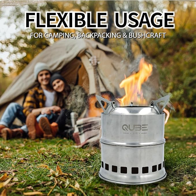 Portable Camping Stove with 3 Fire Starters – Stainless Steel Wood Burning Mini Camp Stove Foldable with Carry Bag for Backpacking Hiking Traveling Emergency Outdoor BBQ and Picnic