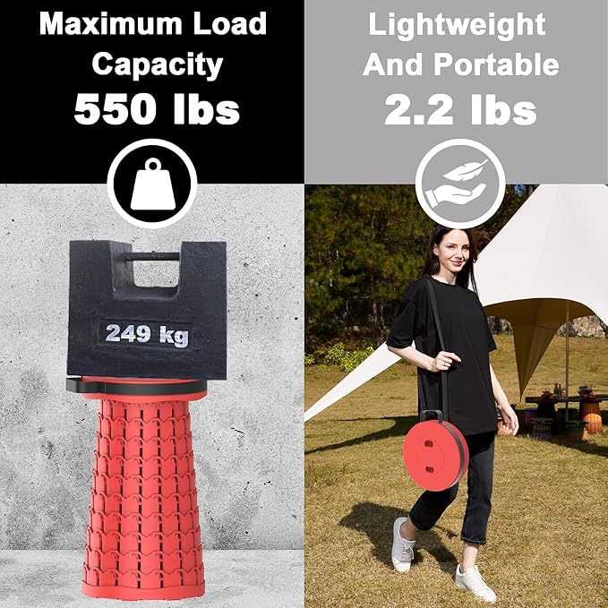 ALEVMOOM Upgraded Retractable Folding Stool Camping Stool Collapsible Telescoping Stool for Adults Lightweight Yet More Sturdy Folding Seats for Camping Fishing Hiking Outdoor (red)