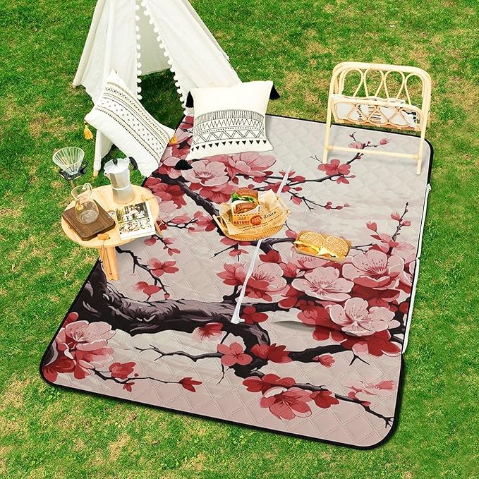Zipper Japanese Floral Cherry Blossom Style Picnic Mat Suitable for Travel Camping Park Or Home Use