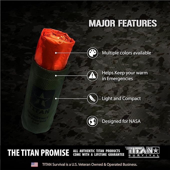TITANSurvival Emergency Sleeping Bags for Survival 36” x 78” - 90% Heat Retention 41% Thicker &amp Waterproof - Durable Survival Sleeping Bag for Cold Weather Camping - Thermal Sleeping Bag Outdoor