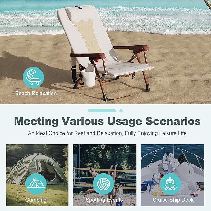 Portable Backpack Beach Chair for Adults-Folding Camping Chair with Storage Pouch &amp Cup Holder Adjustable Lounge Chairs for Outdoor Travel Picnic Park and Fishing
