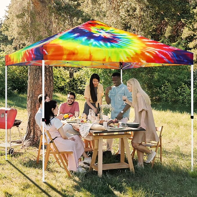 EAGLE PEAK Pop Up Canopy Tent with Wheeled Carry Bag 8 Stakes 4 Ropes 4 Weight Bags Easy Set Up Tent Canopy 10x10 ft 100sqft of Shade Cosmic Tie Dye