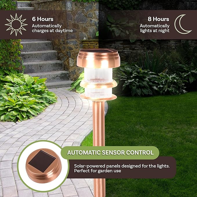 Outdoor Solar Lights - 4-Pack Stainless-Steel LED Lights for Gardens Pathways and Patios - Weather-Resistant Stake Lighting by Pure Garden (Copper)