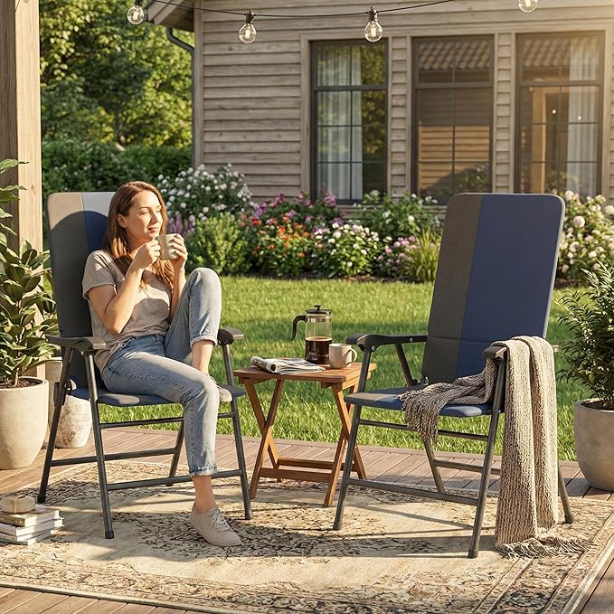 Outsunny Folding Patio Chairs Set of 2 Padded High Back Folding Lawn Chairs with Armrests 600D Oxford Fabric Portable Outdoor Camping Chair Set for Deck Garden Backyard Dark Blue