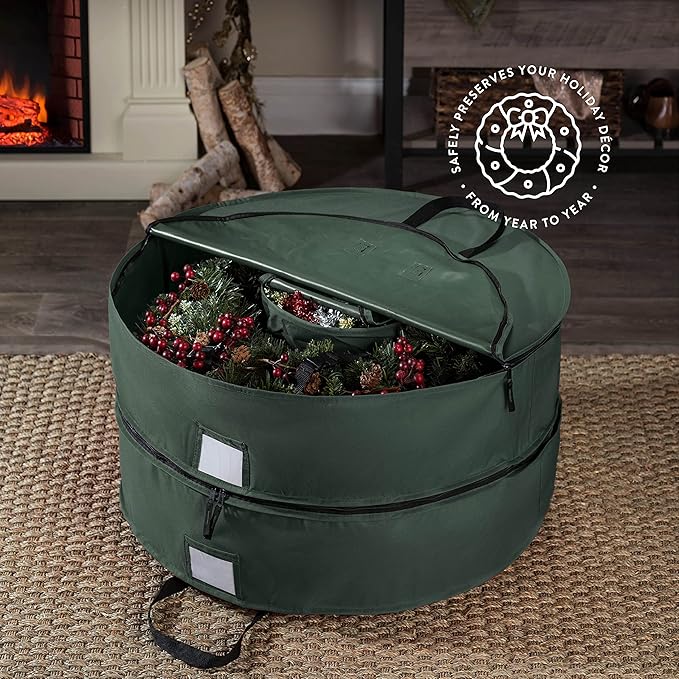 ZOBER Christmas Wreath Storage Container 36 Inch - Wreath Bag Fits 2 Wreaths Box - 600D Oxford Fabric - Interior Compartment for Storing Garlands Wreaths Storage Bag W Strong Durable Handles - Green