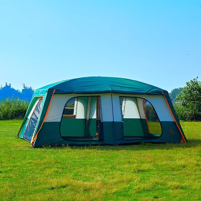 KTT Extra Large Tent 12-14 PersonFamily Cabin Tents2 RoomsStraight Wall2 Doors 4 Windows with MeshWaterproofStraight WallBig Tent for OutdoorPicnicCampingGathering(Brown)