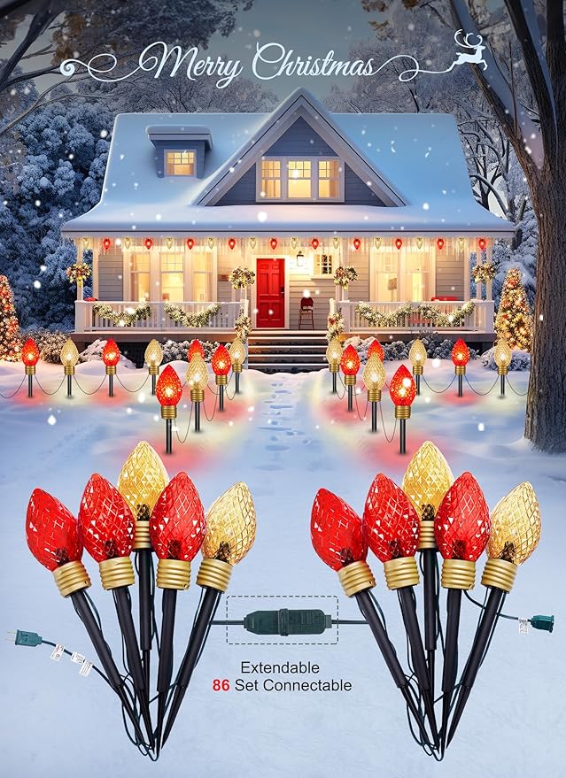 Brightown Strawberry Jumbo C9 Christmas Pathway Lights Outdoor - 2 Pack Total 17 Feet 10 LED Jumbo C9 Walkway Lights Christmas Light Outdoor Decorations for Lawn Yard Holiday Red &amp Warm White