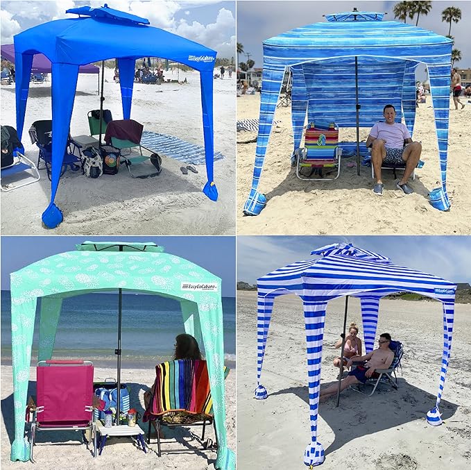 Beach Cabana Canopy Shelter – Sun Shade Tent – 6’ X 6’ - UPF 50+ - Waterproof - Easy Setup – 2 Layer Wind Vent Umbrella – 6 Ft X 6 Ft – BONUS sidewall – Beach Lake Park for Family - 2 to 4 People