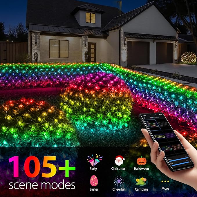 4ft x 18ft Smart Christmas Net Lights Outdoor Mesh Lights 300 LEDs Bluetooth App Prpgrammable 105+ Scene Modes Music Sync IP44 Waterproof Timer RGB Bush Light for Tree Fence Holiday Decorations