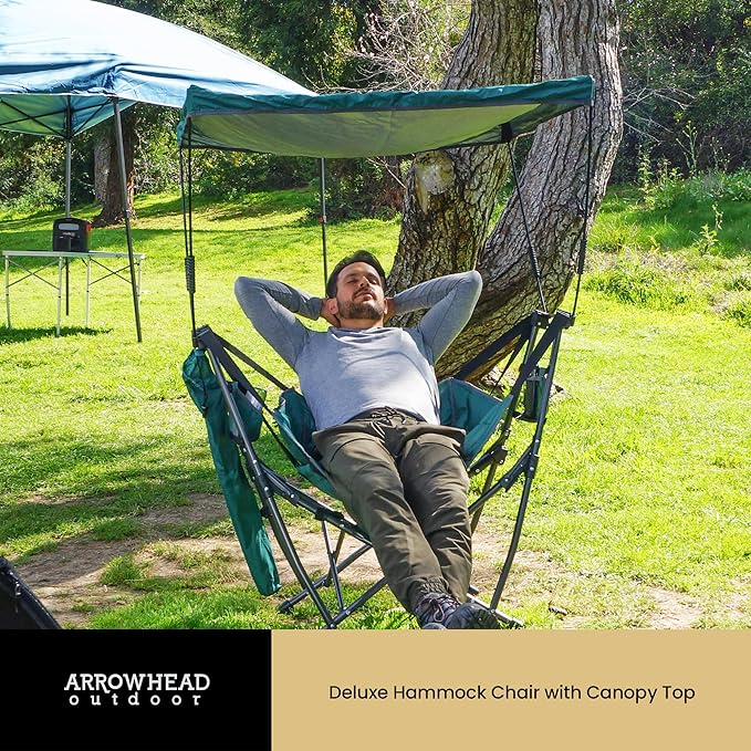 ARROWHEAD OUTDOOR Portable Folding Swinging Hammock Camping Chair Removable Canopy Perfect for Stargazing Cup Holder Storage Pouch Carrying Bag Included Supports up to 300lbs USA-Based Support
