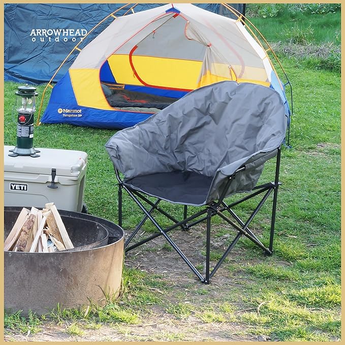 ARROWHEAD OUTDOOR Oversized Heavy-Duty Club Folding Camping Chair with Pocket Cup Holder Portable Padded Moon Round Saucer Supports 330lbs Carrying Bag