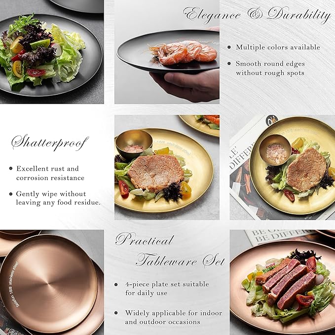 Stainless Steel Plates Metal 18/8 Round Dinner Plates - Set of 4 - Food-Grade Dishwasher Safe 9inch Salad Plates for Camping Kids Dining Outdoor (Black)
