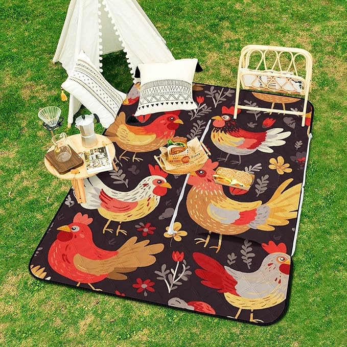 Zipper Cute Rooster Chickens Style Picnic Mat Suitable for Travel Camping Park Or Home Use