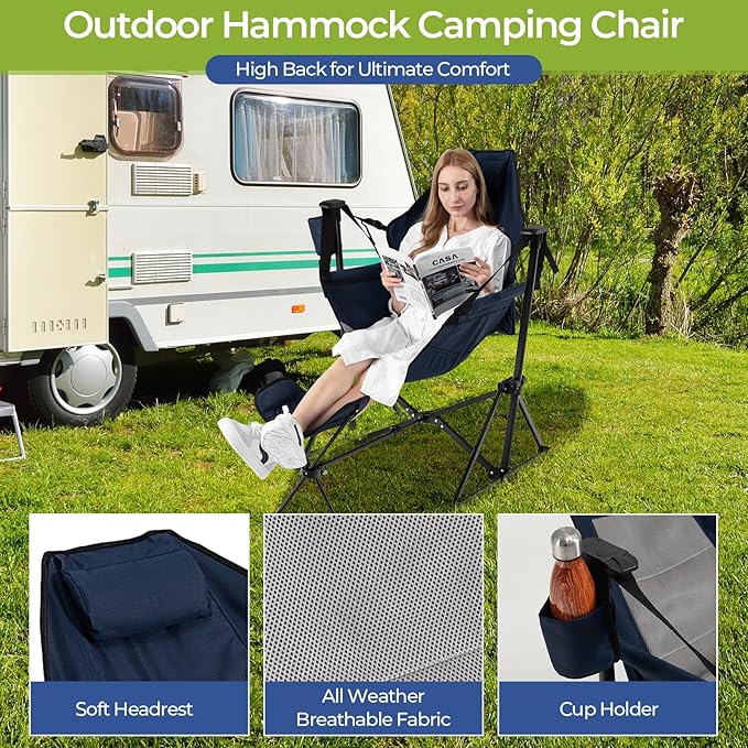GYMAX Hammock Camping Chair Folding Camp Chair with Detachable Footrest Adjustable Backrest Pillow Cup Holder &amp Carry Bag Portable Rocking Camping Chairs for Beach Lawn Fishing (2 Navy)