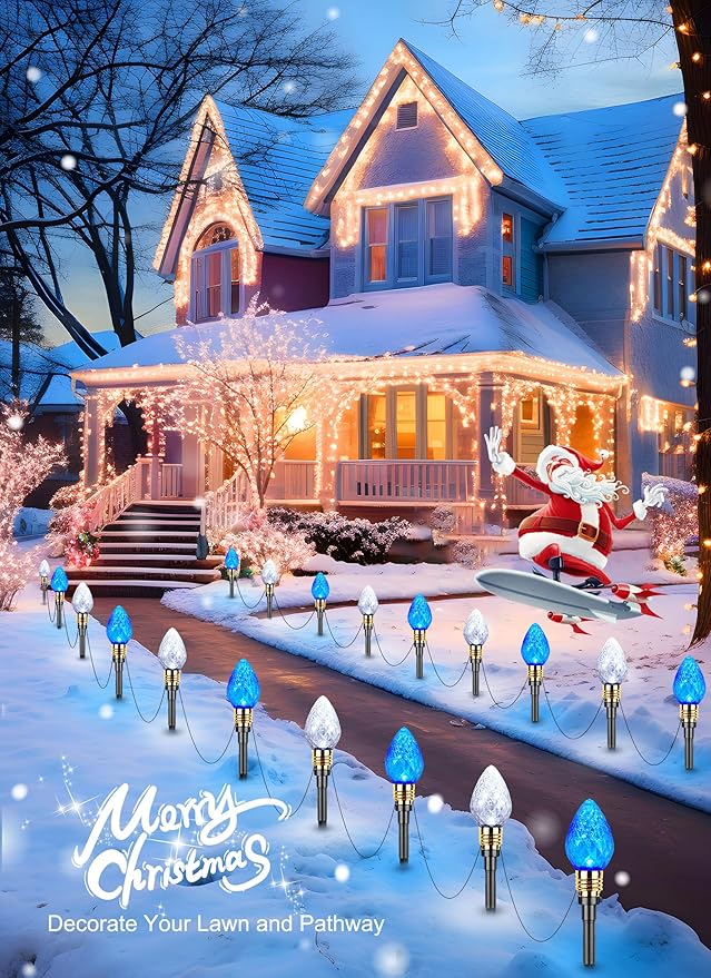 Brightown 2 Pack Strawberry C9 Christmas Pathway Lights Outdoor - Total 34.8 Feet 20 LED Christmas Walkway Lights Christma Light Outdoor Decorations for Yard Lawn Holiday Outside Blue &amp Pure Whi