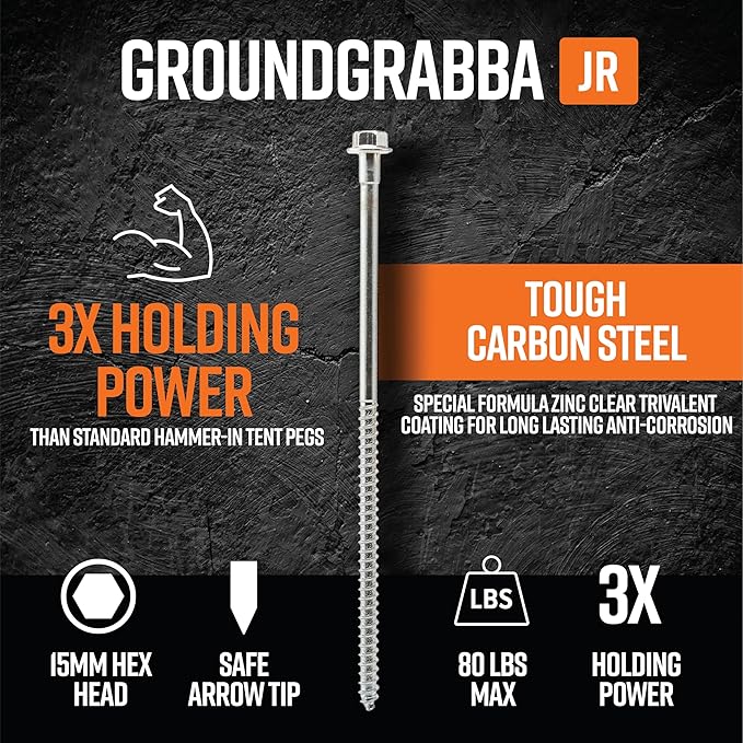 GroundGrabba Junior Camping Kit | Stakes (6) Pigtail Hooks (2) Hex Driver (1) Fangs (6) Medium Drawstring Bag (1)