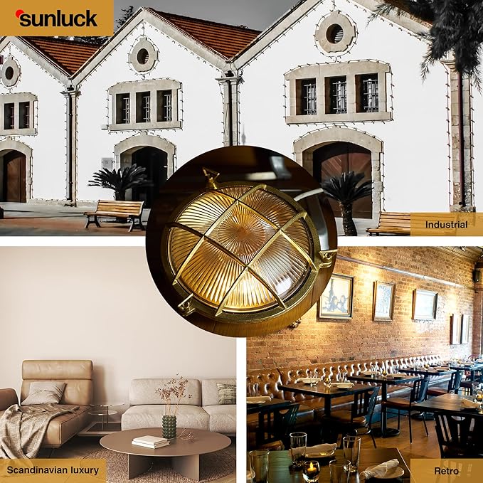 Sunluck Brass Bulkhead Light Grid Round Nautical Wall LampshadeCeiling MountSauna Light Waterproof IP54Rust ResistantDecoration CafeBarPorchesPatiosRestaurants