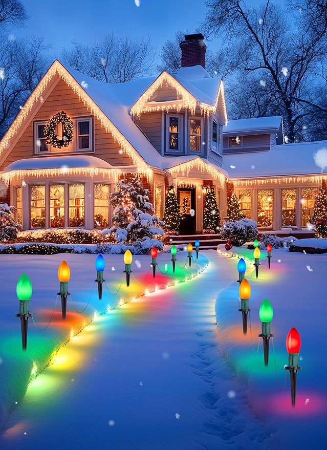 Brightown Frosted C9 LED Christmas Lights Outdoor 2 Packs Total 64Ft Pathway Lights with 50 LED Bulbs and Stakes Multicolor Christmas Decorations for Outside Driveway Walkway Sidewalk