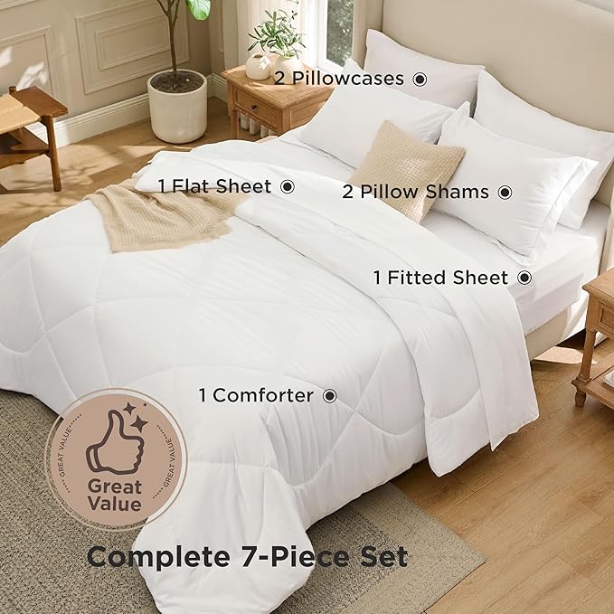 Bedsure 7 Pieces Full Comforter Set Premium Series Hotel Luxury Soft Bed in a Bag Goose Down Alternative Safe for Sensitive Skin Bedding Comforter All Season Medium Warmth White Wavy Quilted