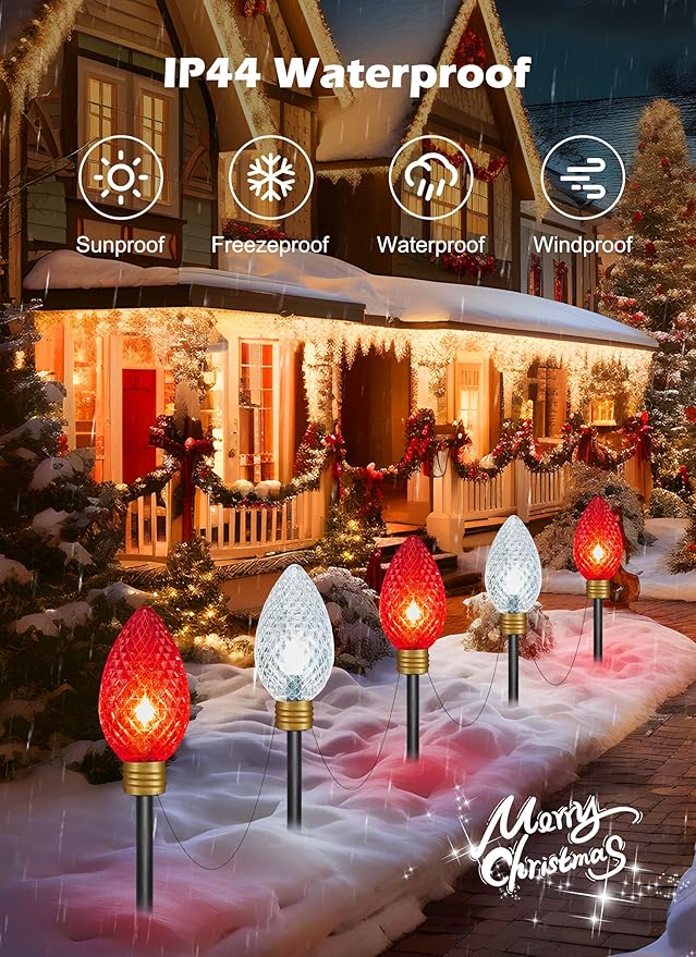 Brightown Super Jumbo C9 Christmas Pathway Lights Outdoor - 2 Pack Total 22FT 10 LED Strawberry Jumbo C9 Pathway Light Giant Christmas Lights Outdoor Decorations for Lawn Outside Red &amp Pure Whit