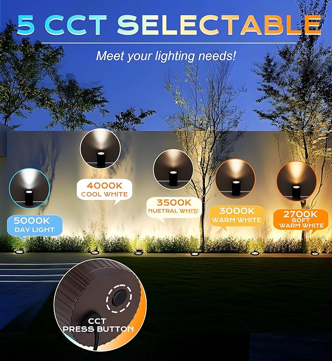 [6 Pack] CLOUDY BAY 9W LED Landscape Well Lights2700K/3000K/3500K/4000K/5000K SelectableLow Voltage 12V/24V Ground LightingWaterproof Outdoor In Ground Lights for UplightsBronze