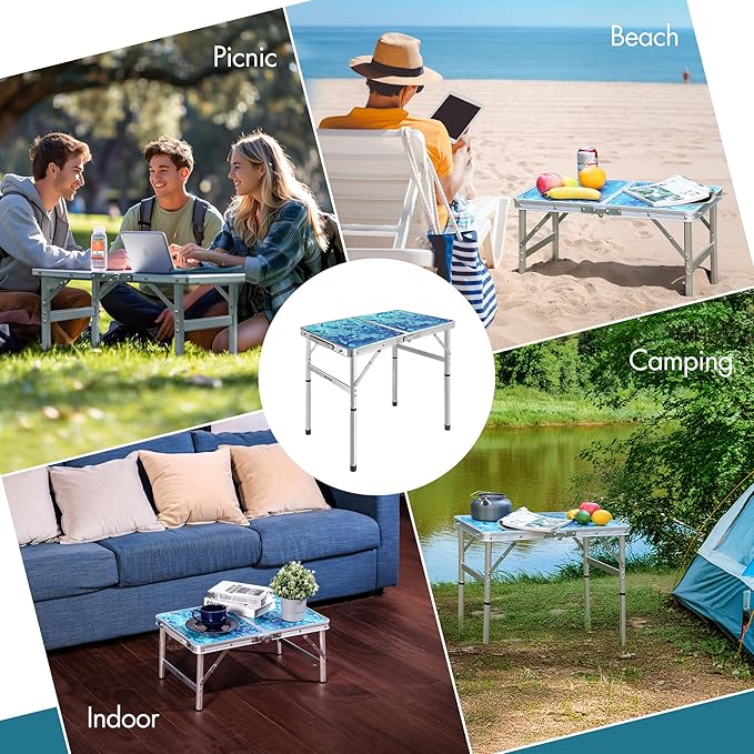 VILLEY Folding Camping Table 2FT Portable Small Picnic Table with Adjustable Height Lightweight Aluminum Foldable Table Small Folding Table with Carry Handle for Outdoor Indoor BBQ Hiking Beach
