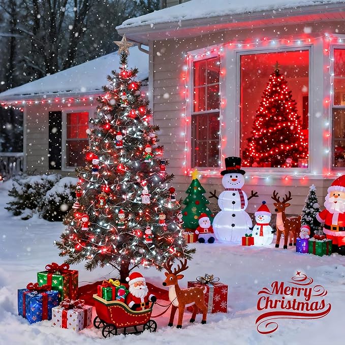 JMEXSUSS 2 Pack Red and White Battery Christmas Lights Each 33ft 100 LED Battery Powered String Lights with Remote for Tree Patio Yard House Party Birthday Outside
