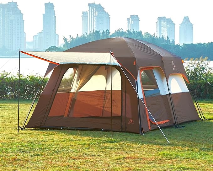 KTT Large Tent 8-10-12 PersonFamily Cabin Tents2 Rooms2 Doors and 4 Windows with MeshStraight WallWaterproofDouble LayerBig Tents for OutdoorPicnicCampingFamily Gathering