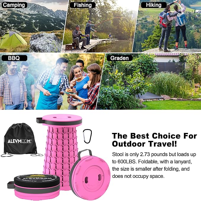 ALEVMOOM Upgraded Collapsible Stool with Cushion &amp Bag 18 H Portable Retractable Telescoping Folding Stool for Adults Lightweight But Sturdy Capacity 600 lbs for Camping Fishing Hiking Travel