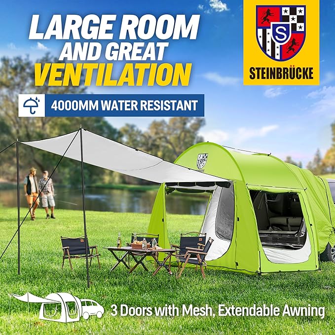 Universal SUV Camping Tent with Spacious Awning 4000mm Waterproof Car Tent Up to 4-Person Sleeping Capacity Camping Accessories Easy Setup for Backpacking Traveling Hiking Outdoors