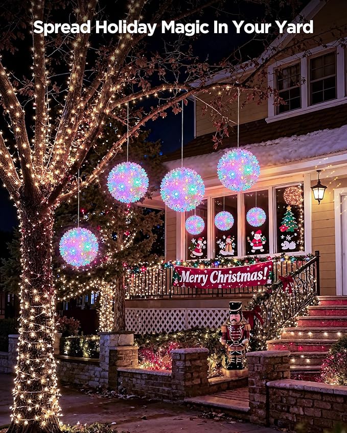 Brightown Outdoor Christmas Decorations-Starlight Sphere Replaceable Bulbs with Add-On Plug Lighted Sphere Balls for Trees Party Wedding Patio Indoor Decorations 5.5in-3pc 50 LED(Multi-Colored)