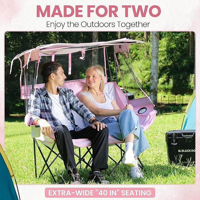 Night Market Double Camping Chair – Camping Couch Double Folding Chair with Removable Canopy Portable Loveseat for Outdoor Beach and Sports