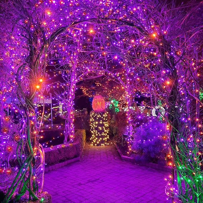 weillsnow 164FT 500 LED Halloween Lights 8 Modes Waterproof Plug in String Lights for Halloween Indoor Outdoor Yard Party Wedding Garden Home Decorations (Purple &amp Orange)