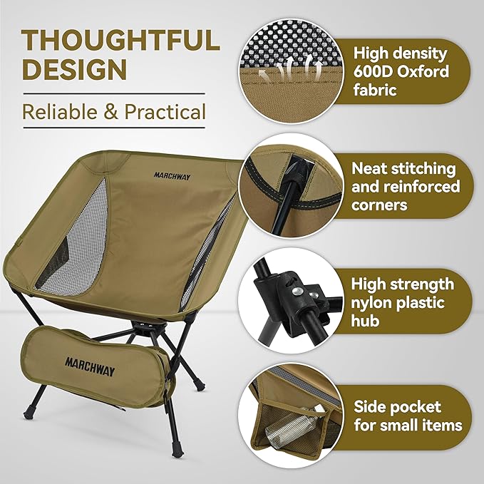 MARCHWAY Lightweight Folding Camping Chair Portable Foldable Compact for Outdoor Camp Travel Beach Picnic Festival Hiking Backpacking Supports 330Lbs (Khaki)
