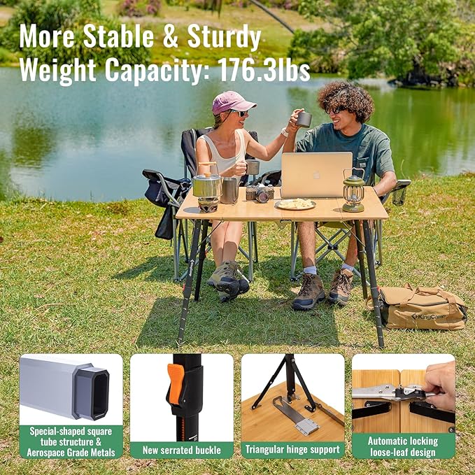 KingCamp Oversized Camping Folding Chair Heavy Duty 450 LBS with Bamboo Folding Table4-Fold Portable Camping Table with Visual Adjustable Height