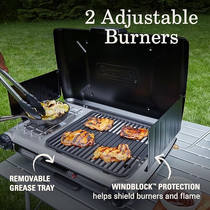 Coleman Tabletop 2-in-1 Grill &amp Stove with 2 Adjustable Burners Propane Grill/Stove with Push-Button Starter Wind Guards Grease Tray &amp 20000 BTUs of Power for Camping Tailgating &amp M