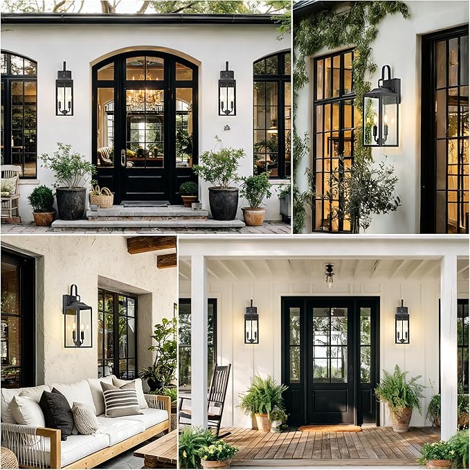 OKELI 2-Pack Dusk to Dawn Outdoor Lighting 17.6 2-Light Rustic Black Wall Lantern for Porch Outside Wall Sconces with Tempered Glass Shade Anti-Rust Wall Lights Outside Light for Garage Foyer