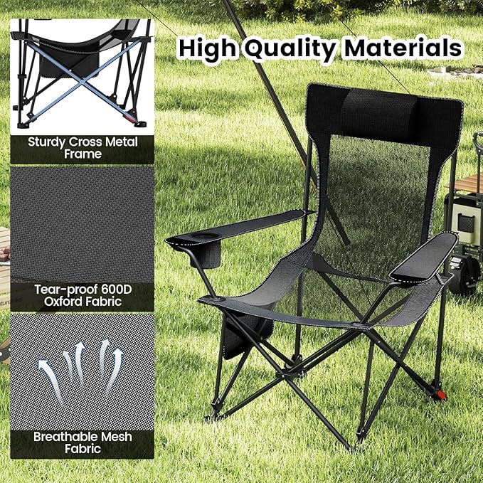 GYMAX Reclining Camping Chairs with Footrest Lightweight Foldable Camping Chairs with Cup Holders Adjustable Backrest Headrest Heavy Duty Camp Chair for Adult Outdoor Fishing Beach (Grey2)