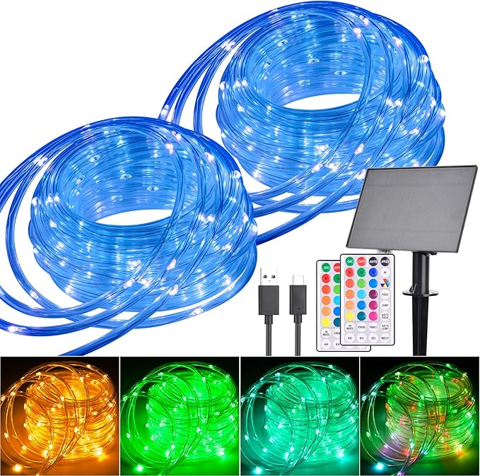 99FT Solar Rope Lights Outdoor Waterproof 300 LED String Light USB &amp Solar Powered with Remote Control 18 Colors Changing Fairy Tube Lighting for Outside Indoor Patio Pool Christmas Decor