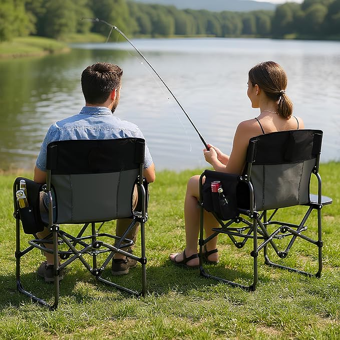 GarveeLife Oversized Folding Director Camping Chair 2 Pcs Heavy Duty Portable Outdoor Chair with Aluminum Side Table &amp Pocket Support 400 LBS Metal Frame for Lawn Fishing Sports Events Black