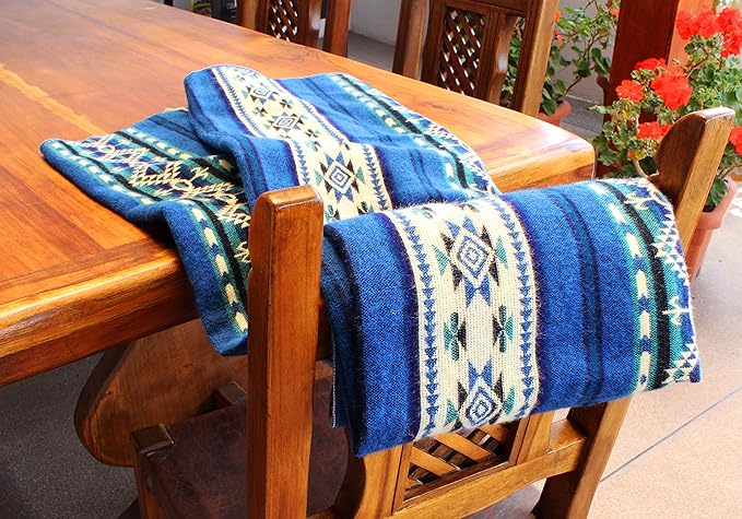 Inca Aztec Throw Queen King Blanket | Southwest Indian Navajo Boho Style | Native Cover for Camping Bedding Couch Vanlife | Faux Alpaca Lightweight Hypoallergenic (Kocha Blue Throw)