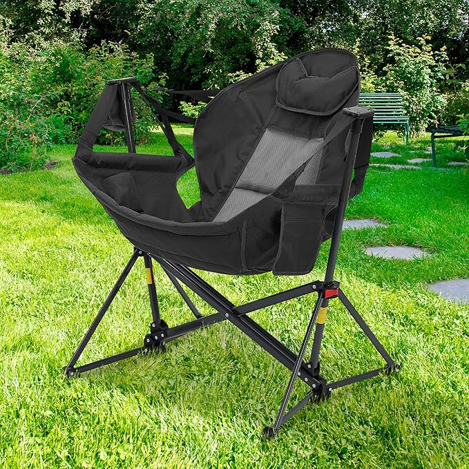 Ainfox Hammock Camping Chair Foldable Portable Rocking Chairs for Adults Outside Swinging Camp with Cup Holder Pillow for Outdoor Patio Poolside (Black)