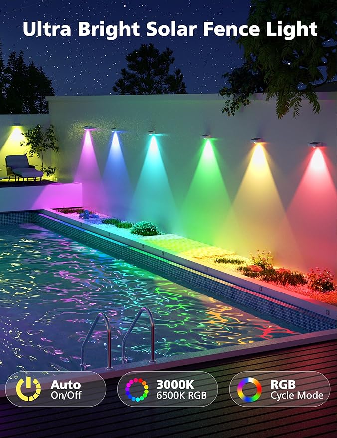 VOLISUN Solar Fence Lights Fence Lights Solar Powered IP65 Waterproof LED RGB Color Changing Solar Light for Fence Yard Wall Backyard (12 Pack White)