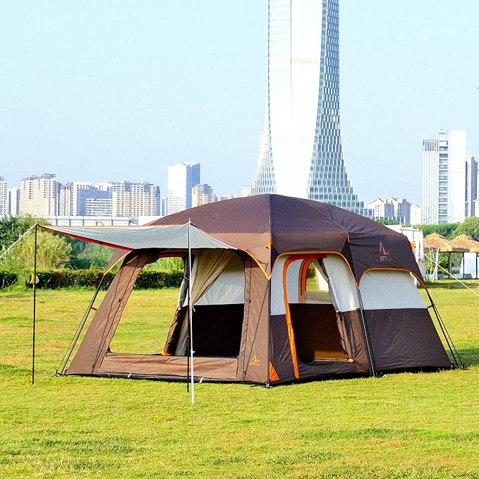 KTT Extra Large Tent 8-10-12 PersonFamily Cabin Tents2 Rooms3 Doors and 3 Windows with MeshStraight WallWaterproofDouble LayerBig Tents for OutdoorPicnicCampingFamily Gathering