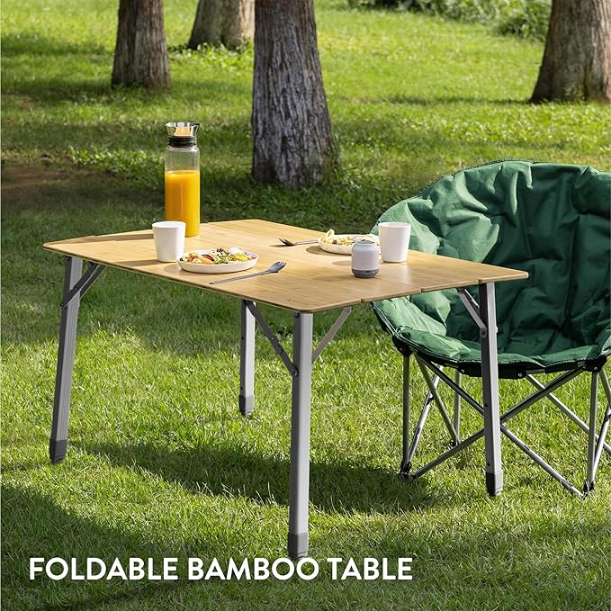 Navaris Bamboo Camping Table - Portable Folding Campervan Table - Picnic Tables That Fold Up - Foldable Fishing Table with Aluminium Telescopic Legs - Outdoor