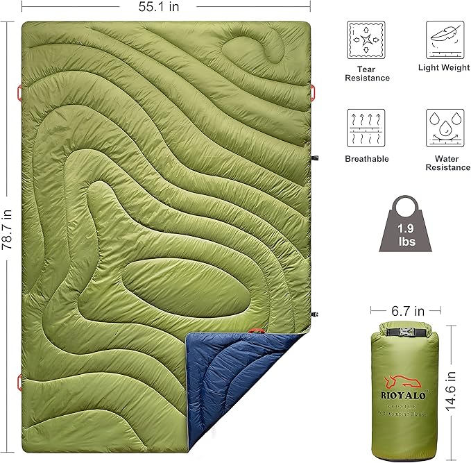 Camping Blanket | X-Large Wind and Waterproof Warm Puffy Blanket Quilt | Lightweight Portable | Outdoor Concerts Picnics Backpacking Travel Hiking Beach Stadium (Garnish Green)