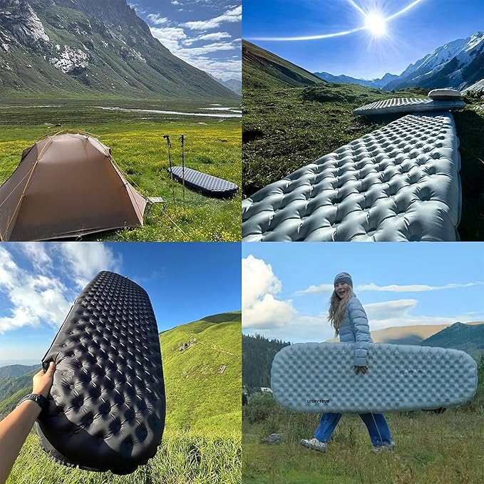 Single Inflatable Sleeping Mat 20D Nylon Lightweight Air Bed for Adults Air Mattress with Storage Bag for Camping Ultralight Backpacking Hiking Traveling &amp Outdoor Activities (Silver L)