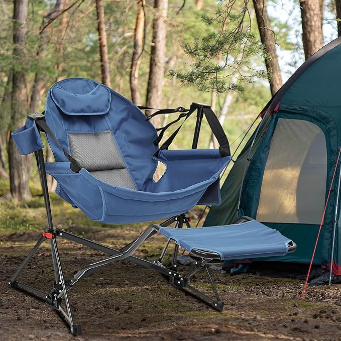 Ainfox Hammock Camping Chair with Footrest Foldable Portable Rocking Chairs for Adults Outside Swinging Camp with Cup Holder Pillow for Outdoor Patio Poolside (Dark Blue)