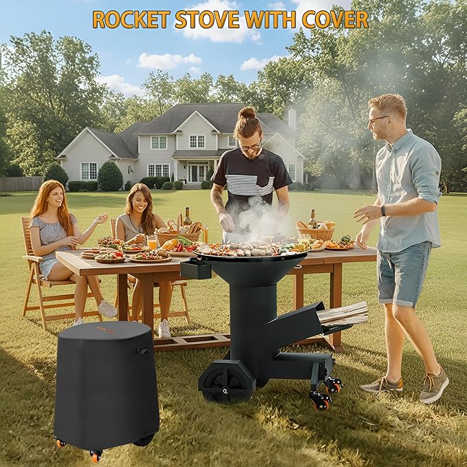 Heavy Duty Rocket Stove with Griddle Grate Wheels Ash Tool &amp Cover Large Wood Stove BBQ Grill for Patio Outdoor Cooking Backyard Camping Beach Tailgating 28x23x31in GS346